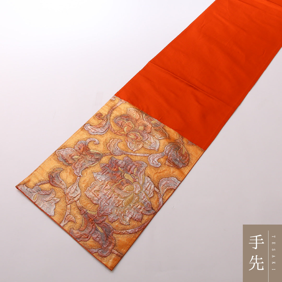 袋帯 帯丈420cm 正絹 六通 フォーマル ふくれ織 唐草華文 古典柄 朱系 1243-01670