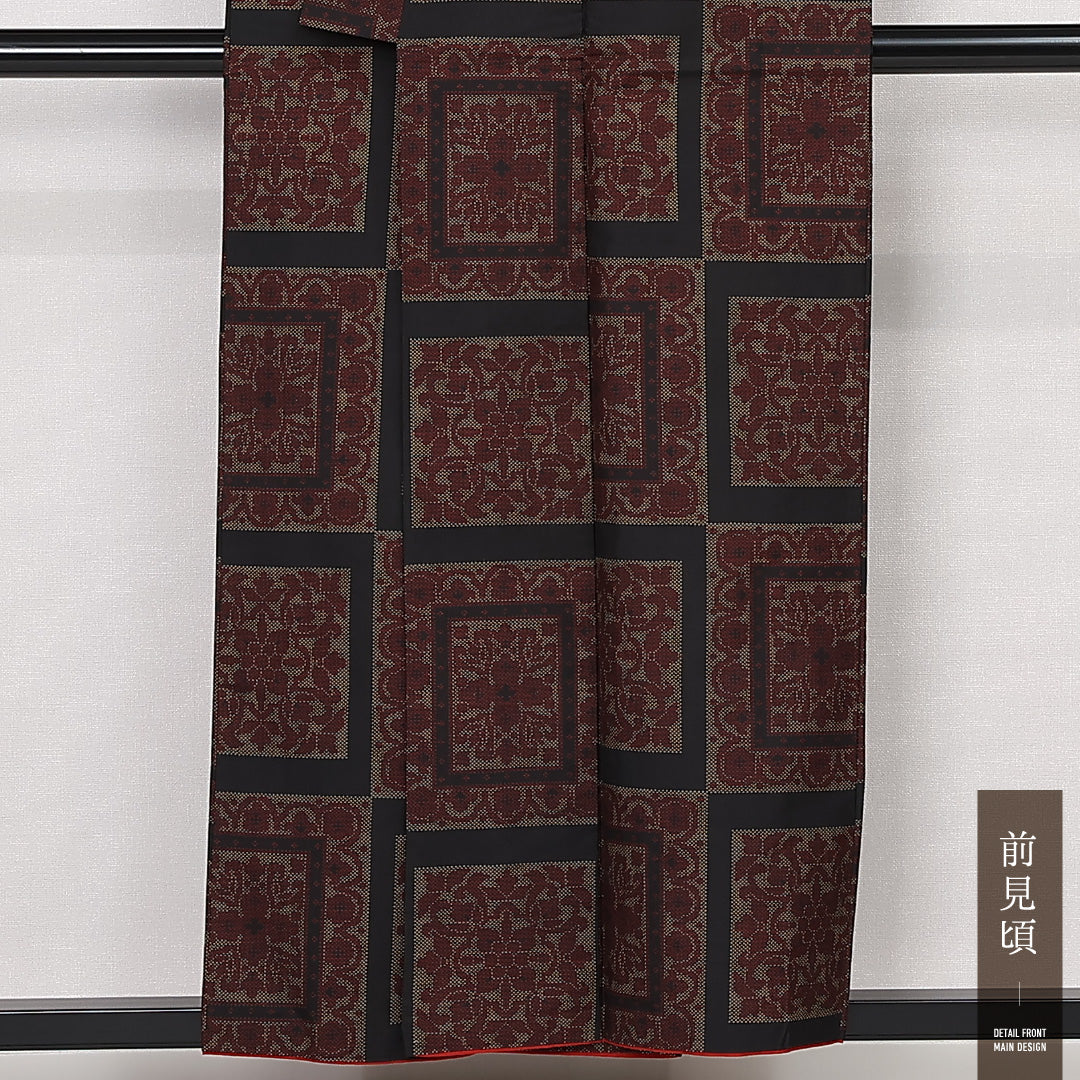 大島紬 袷 身丈154cm 裄丈62cm 正絹 Sランク インフォーマル 広衿 Sサイズ 経緯絣 アラベスク文様 黒系 RP 1223-13142
