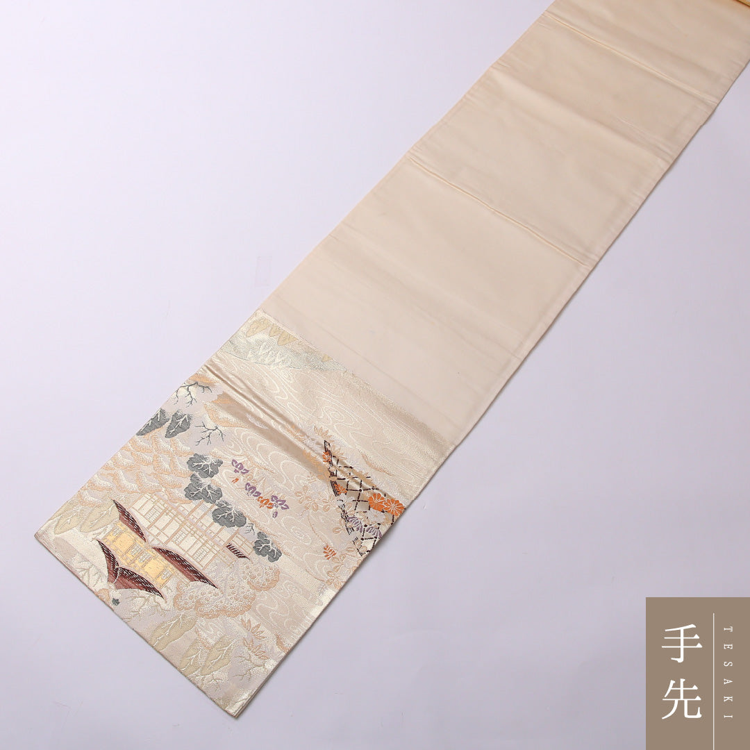 袋帯 帯丈436cm 正絹 六通 純金箔24K 京の四季 セミフォーマル 京洛百景 クリーム系 クリーム系 1243-01565