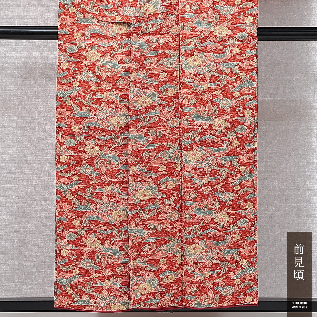 小紋 洗える着物 袷 身丈151cm 裄丈60cm ポリエステル Sランク Sサイズ 広衿 インフォーマル 京紅型 花喰鳥 古典柄 赤系 1215-14977