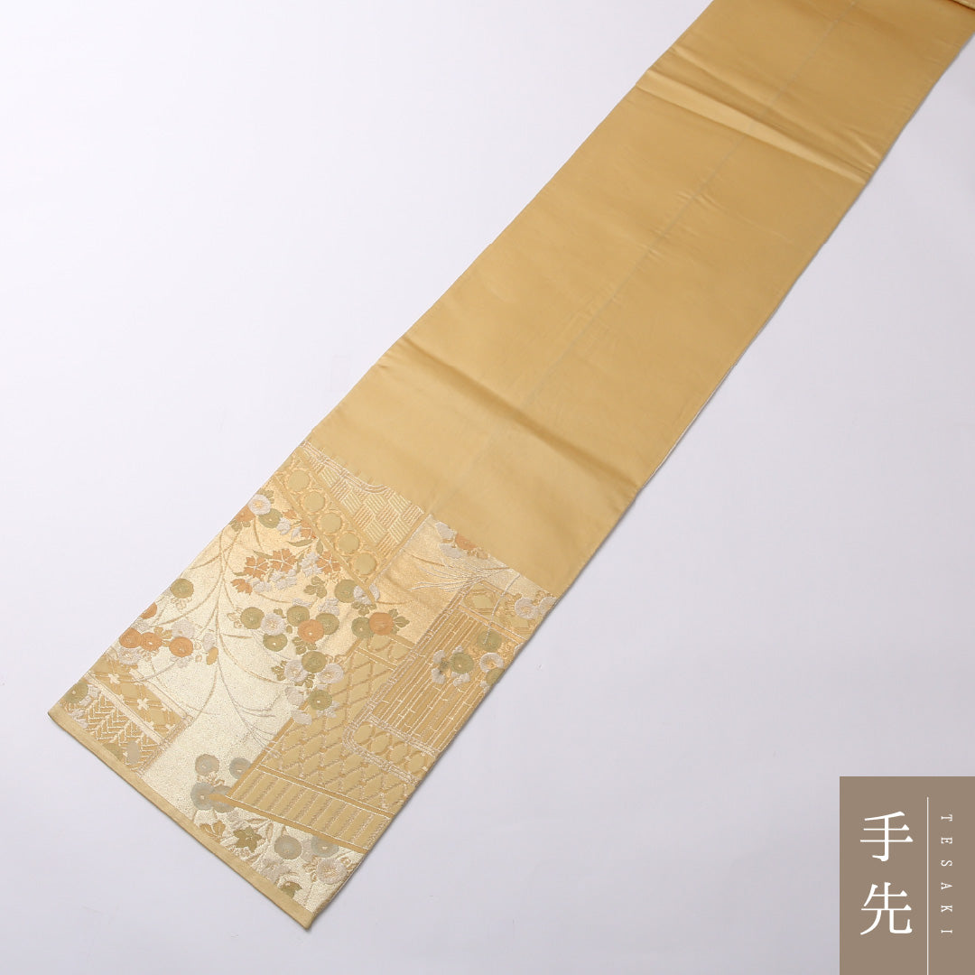 袋帯 帯丈420cm 正絹 六通 フォーマル 琳派 几帳 椿 金系 朱系 1243-01581