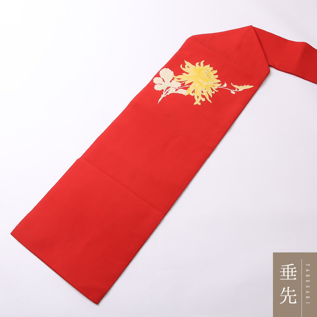 名古屋帯 ポイント柄 帯丈353cm カジュアル Bランク 正絹 塩瀬 菊 写実的 鮮やか 赤系 1224-02661