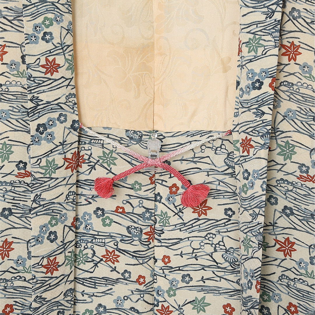 羽織 袷 身丈83cm 裄丈63cm 正絹 Aランク カジュアル Sサイズ 紐あり 梅 紅葉 クリーム系 RP 1232-12793