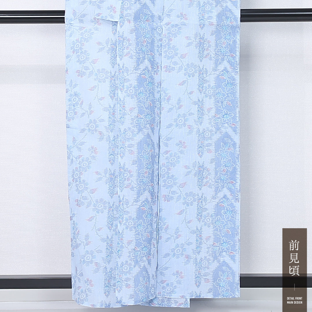夏物 紬 身丈156cm 裄丈66cm Cランク M 麻 洗える着物 単衣 バチ衿 矢絣 椿 カジュアル 水色系 1216-12298