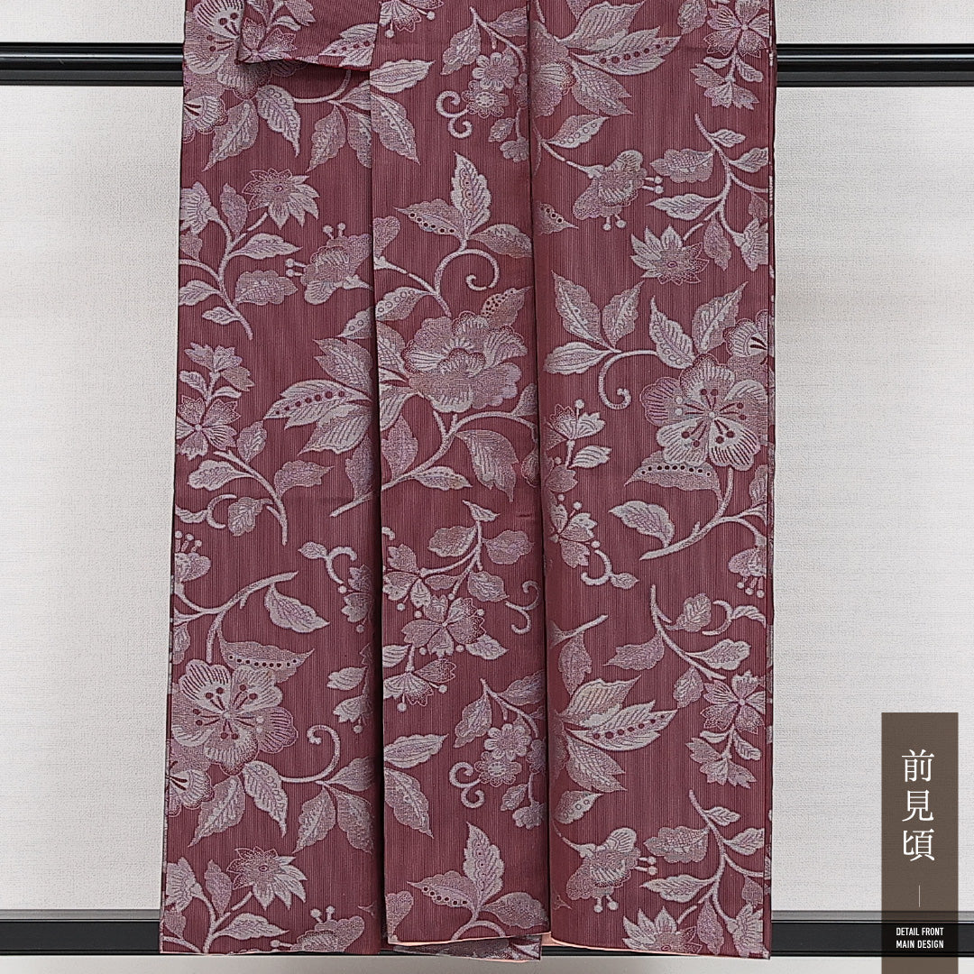 アンティーク お召 袷 身丈152cm 裄丈63cm 正絹 Cランク 広衿 Sサイズ 花柄 紫系 HP 1222-14235