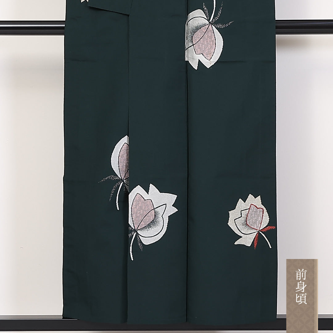 アンティーク お召 夏紬 身丈152cm 裄63cm 正絹 緑系 Bランク 1216-01282