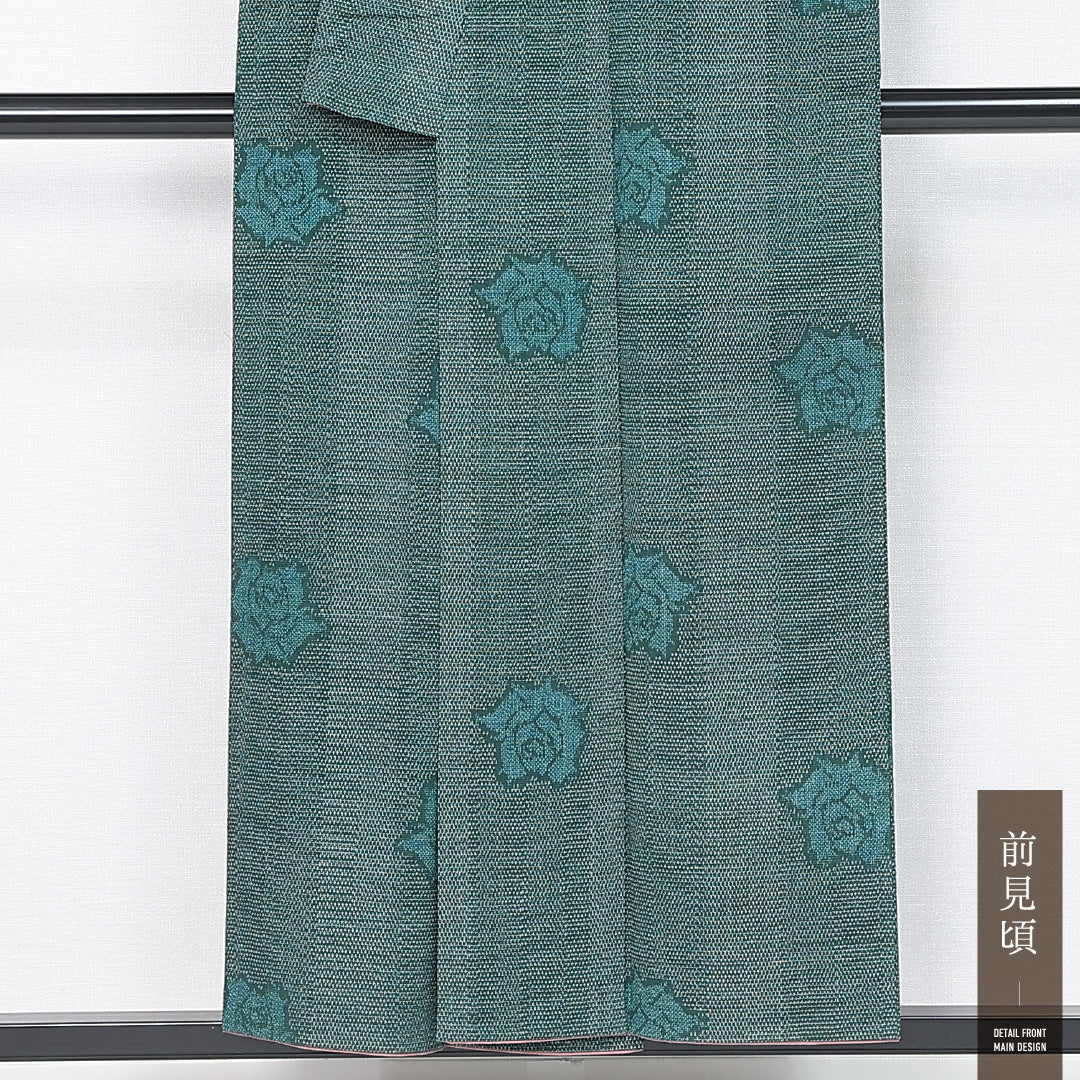 紬 袷 身丈152cm 裄丈63cm 正絹 Aランク カジュアル 広衿 Sサイズ 縞 薔薇 緑系 HP 1223-11903