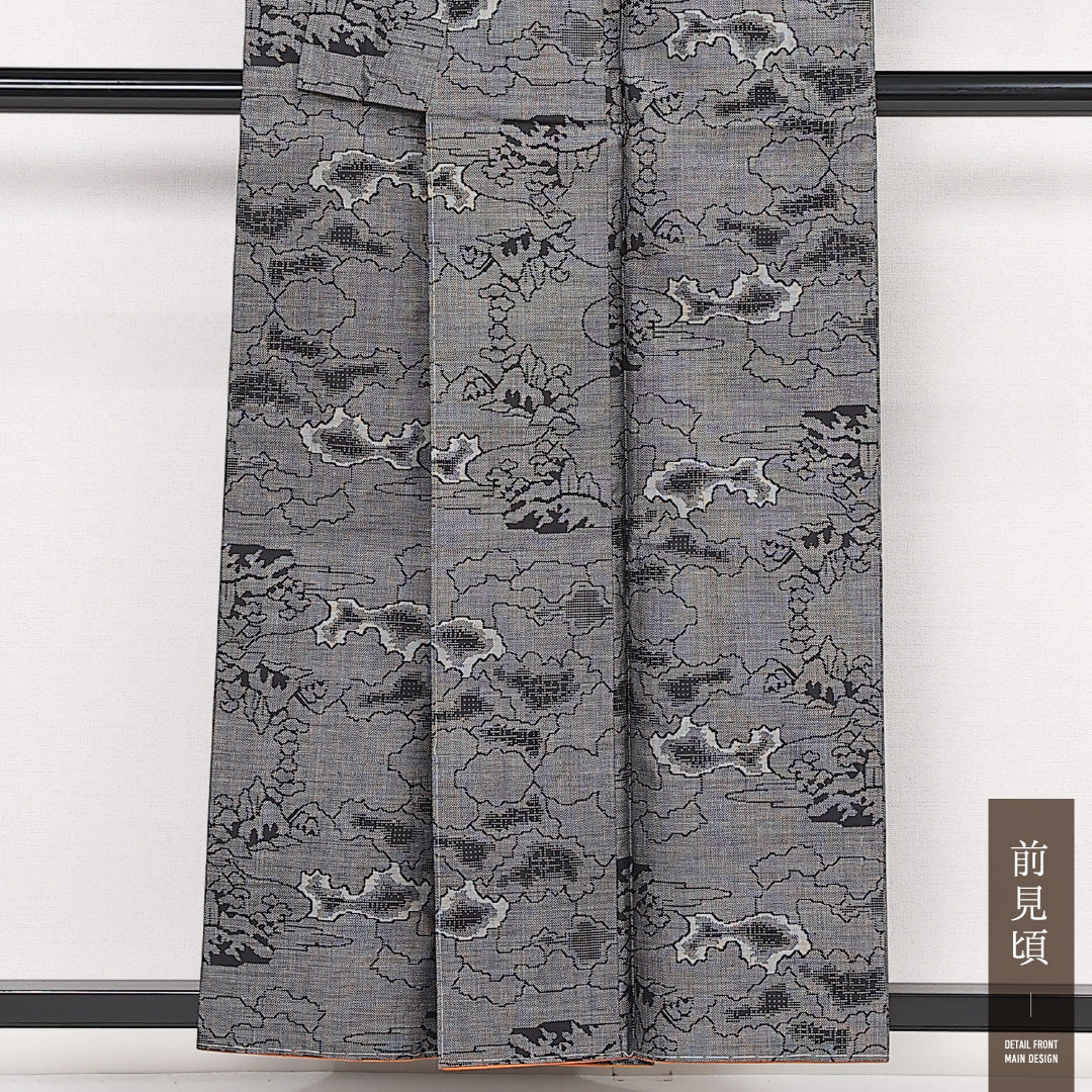 未使用品 村山大島紬 袷 身丈156cm 裄丈65cm 正絹 Sランク インフォーマル 広衿 Mサイズ しつけ糸 創作柄 グレー系 RP 1223-13502
