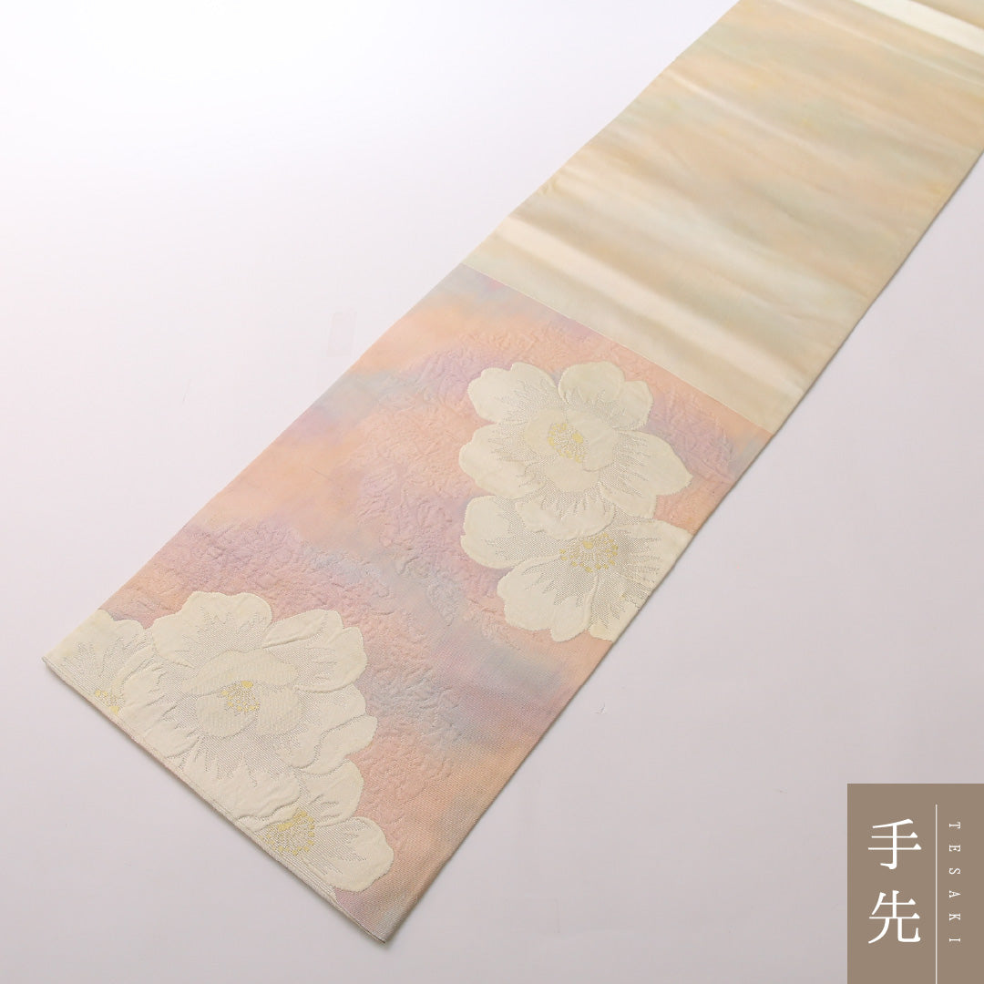 袋帯 帯丈408cm 正絹 六通 セミフォーマル ふくれ織 蘭 ピンク系 1243-01640