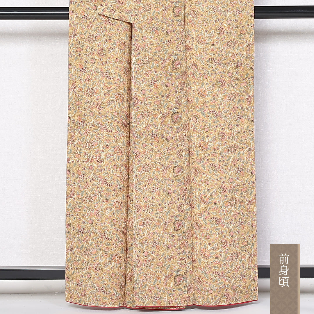 小紋 袷 身丈160cm 裄62.5cm 正絹 ちりめん 更紗 後染め 黄系 紬 Sランク しつけ糸 1215-02444