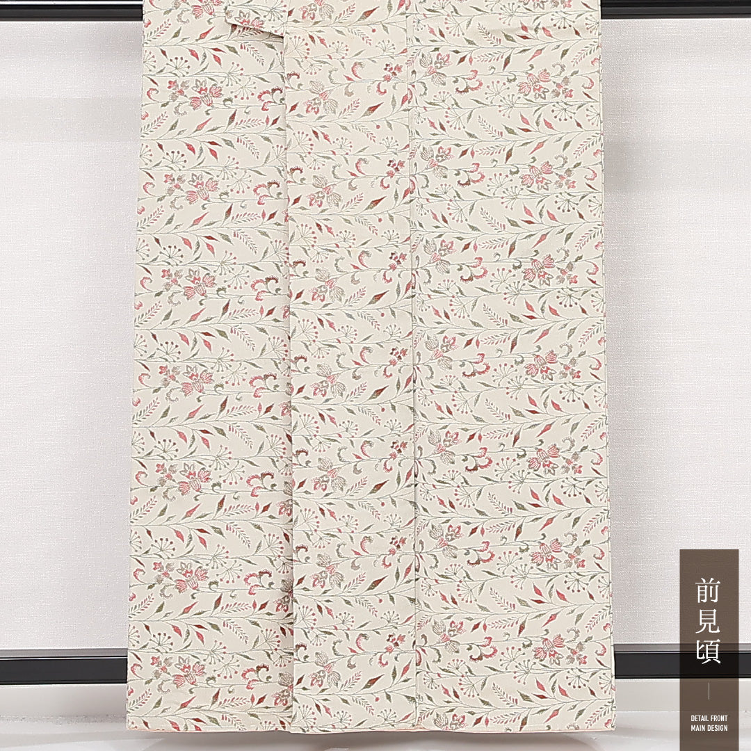 お召 袷 身丈159cm 裄丈63cm Aランク 正絹 バチ衿 Mサイズ インフォーマル しつけ糸 花柄 クリーム系 レトロ 可愛らしい 1265-13147