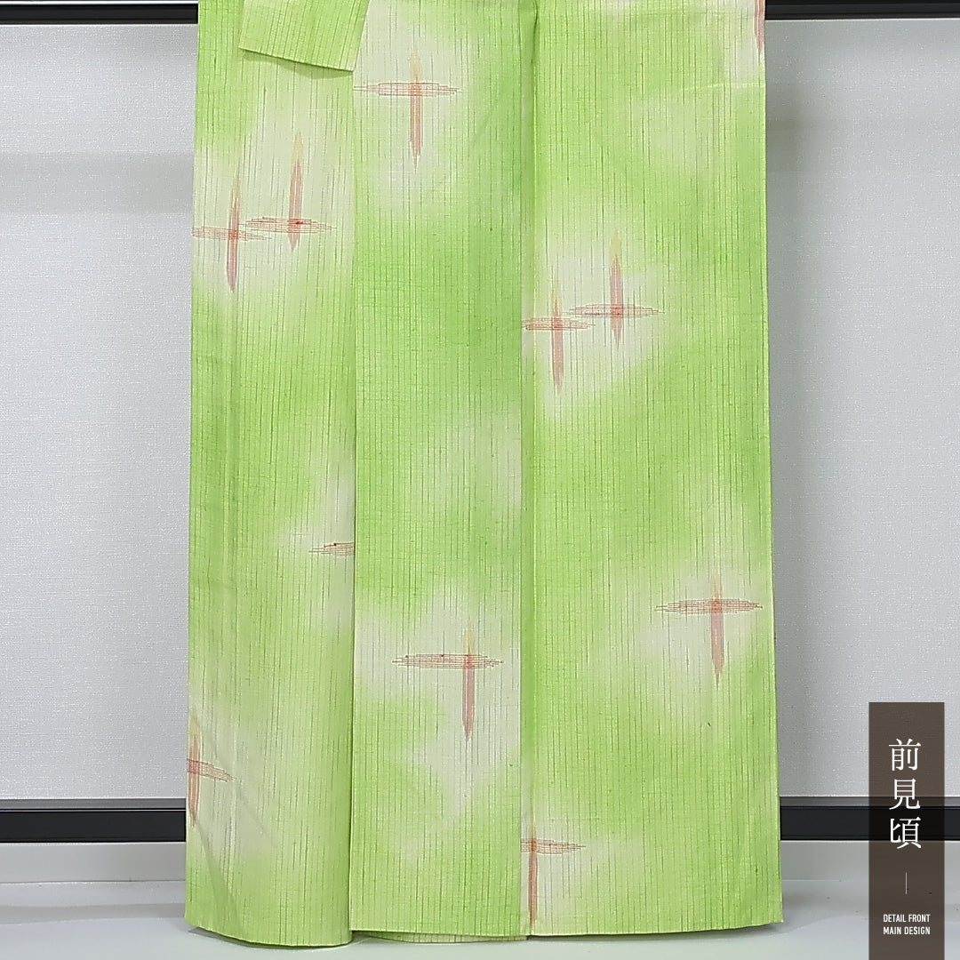 紬 単衣 身丈161cm 裄丈64cm 正絹 Aランク カジュアル 広衿 Lサイズ ぼかし染 十字絣 緑系 HP 1223-12265