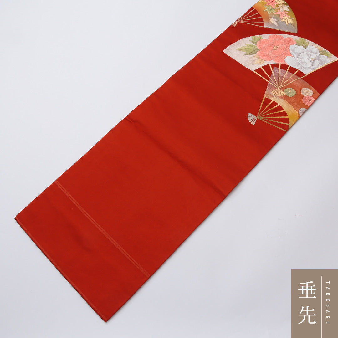 名古屋帯 ポイント柄 帯丈361cm セミフォーマル Sランク 正絹 綴れ織 扇 牡丹 紅葉 梅 赤系 1224-02042