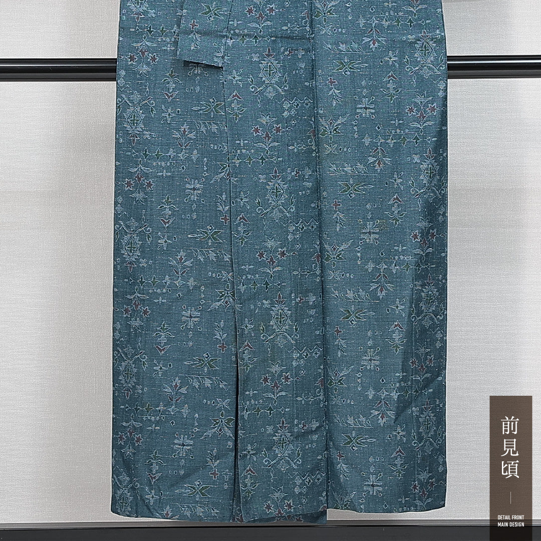 紬 単衣 身丈140cm 裄丈61cm 正絹 Aランク カジュアル バチ衿 XSサイズ 植物柄 創作柄 青系 RP 1223-14792