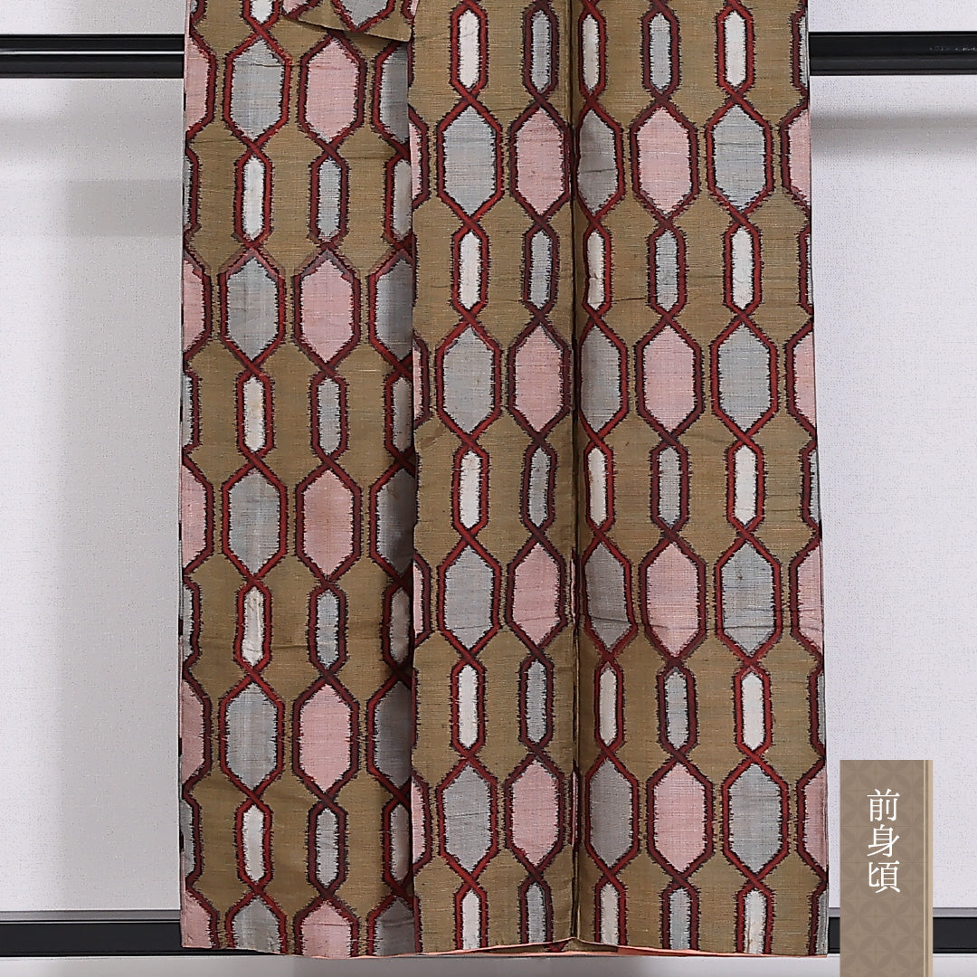 アンティーク 銘仙 紬 袷 身丈153cm 裄62.5cm 正絹 亀甲 茶系 Cランク 1216-01434