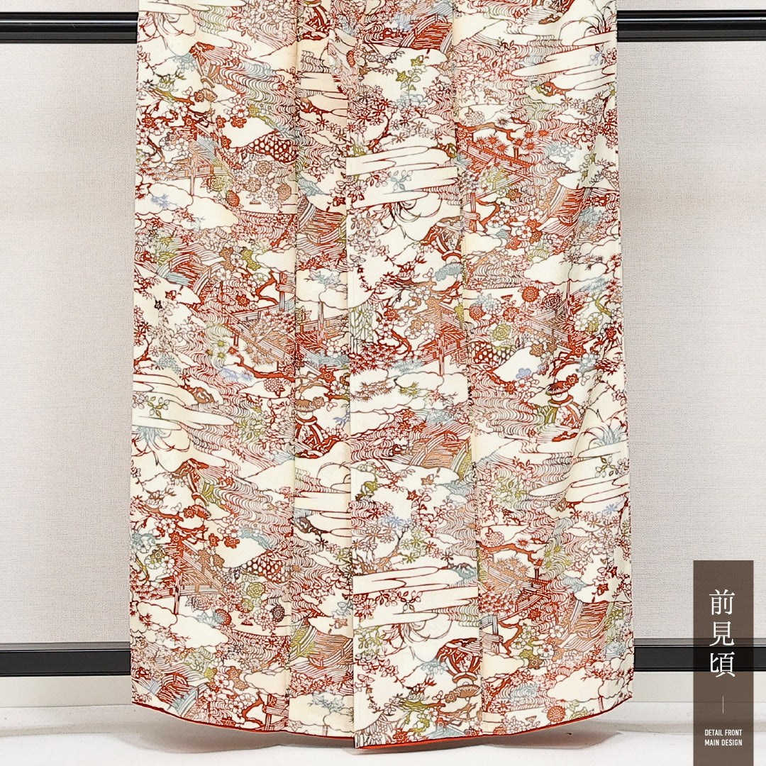 小紋 袷 身丈159cm 裄丈64cm 正絹 Cランク Mサイズ 広衿 インフォーマル 京紅型 御所解 クリーム系 1215-14597