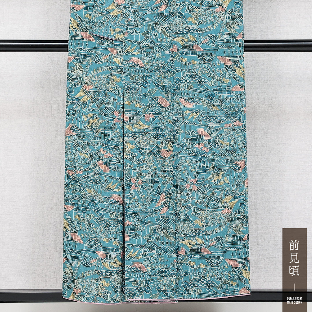 小紋 袷 身丈152cm 裄丈61cm 正絹 Aランク インフォーマル 広衿 Sサイズ 植物柄 水色系 RP 1221-14552