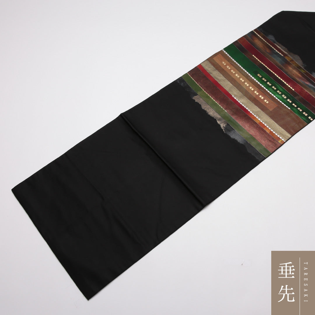 未使用品 九寸名古屋帯 Nランク 帯丈350cm 正絹 ポイント柄 名古屋仕立て 織り インフォーマル しつけ糸 幾何学柄 黒系 RP 1245-01856