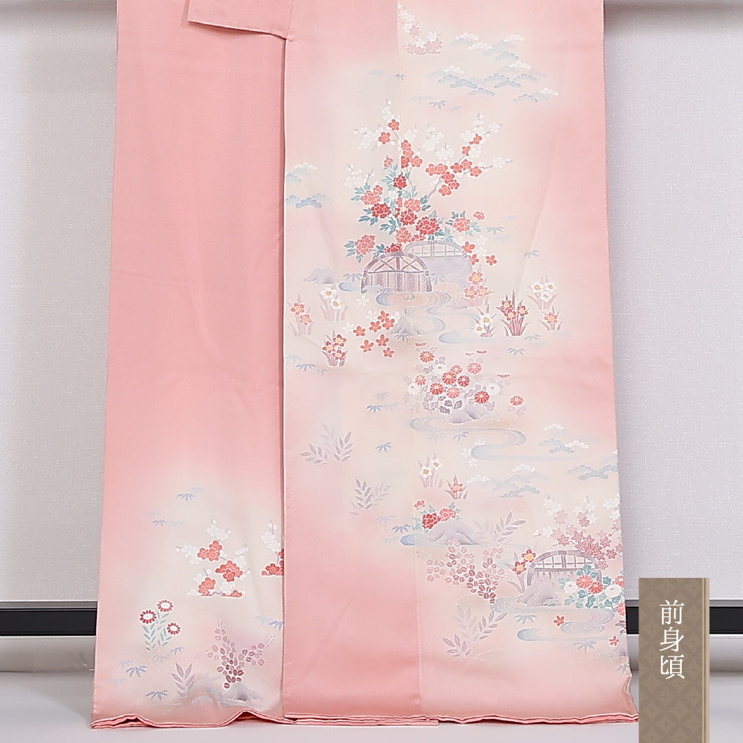 訪問着 袷 身丈168cm 裄65.5cm 正絹 流水 紅葉 牡丹 梅 菊 Aランク 1212-00751