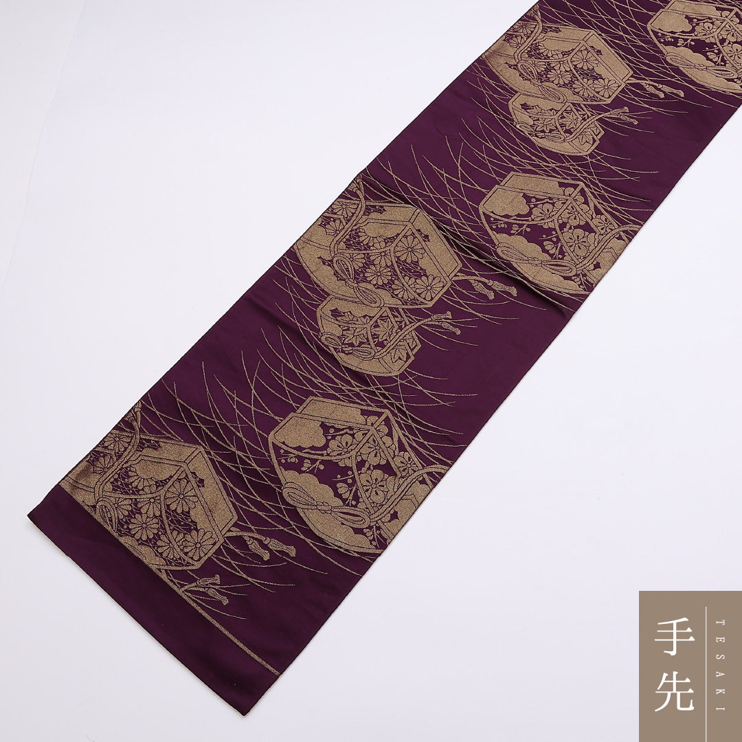 袋帯 帯丈424cm 全通 宝箱 昼夜帯 リバーシブル 金銀糸 セミフォーマル 紫系 正絹 Aランク 1223-00885