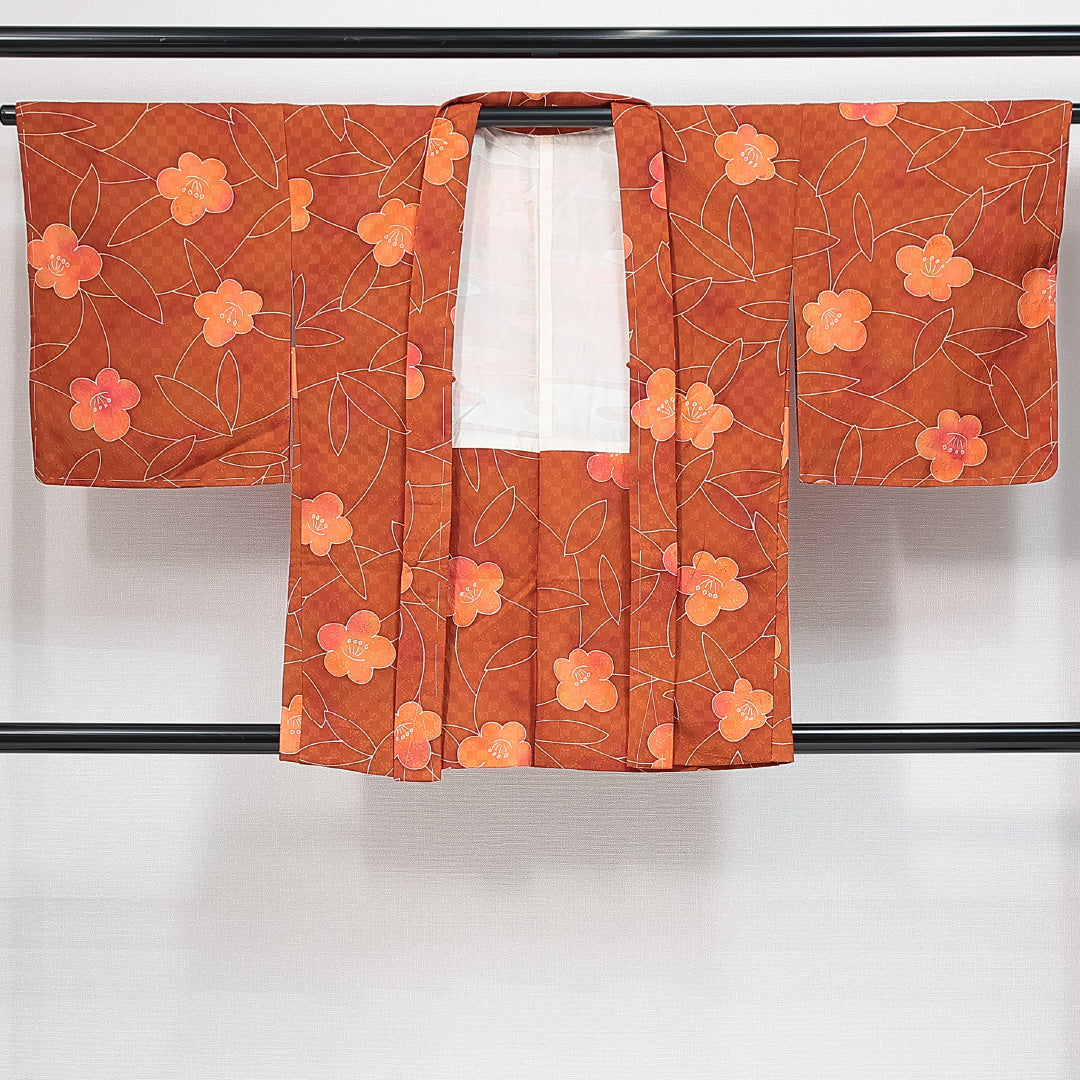 羽織 袷 身丈79cm 裄丈65cm 正絹 Sランク Mサイズ カジュアル 梅 ぼかし染 茶系 朱系 1217-14763