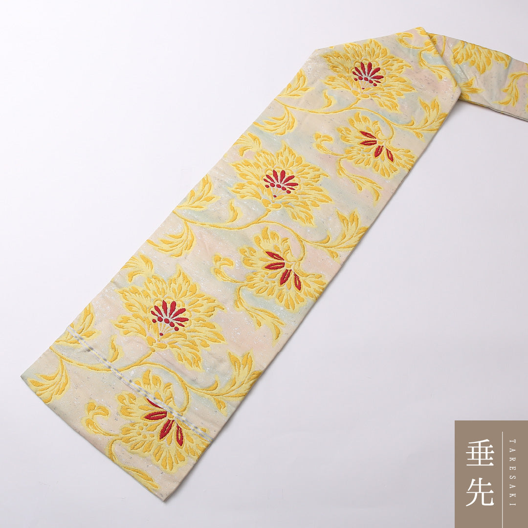 アンティーク 九寸名古屋帯 Bランク 帯丈332cm 正絹 ポイント柄 名古屋仕立て 織り 唐草華文 黄系 RP 1245-02675