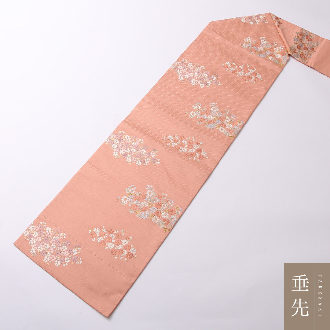 九寸名古屋帯 Sランク 帯丈360cm 正絹 六通 名古屋仕立て 織り セミフォーマル 四季草花 網目 ピンク系 RP 1245-02688