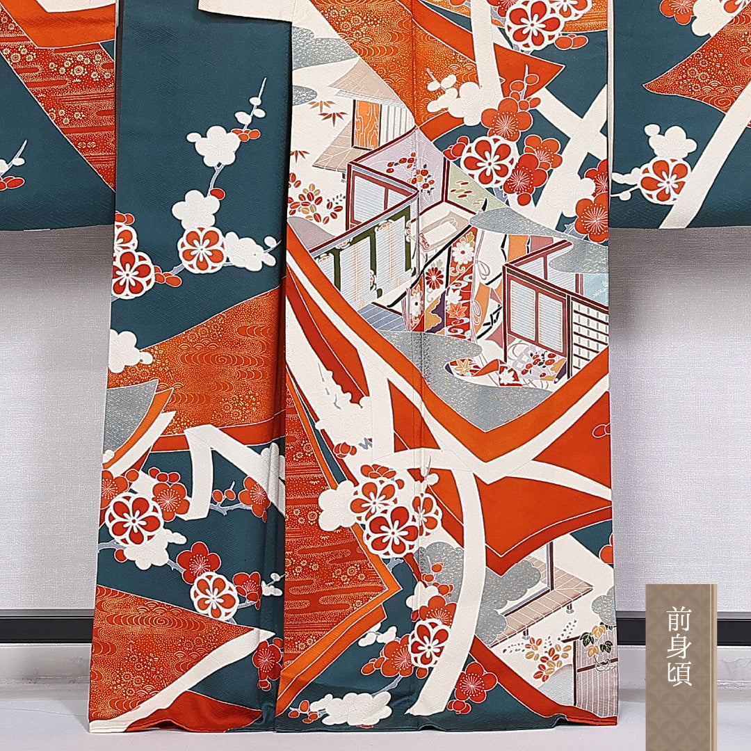 振袖 身丈162cm 裄丈66cm 袷 正絹 Bランク 広衿 梅 吉祥文様 1213-F0298
