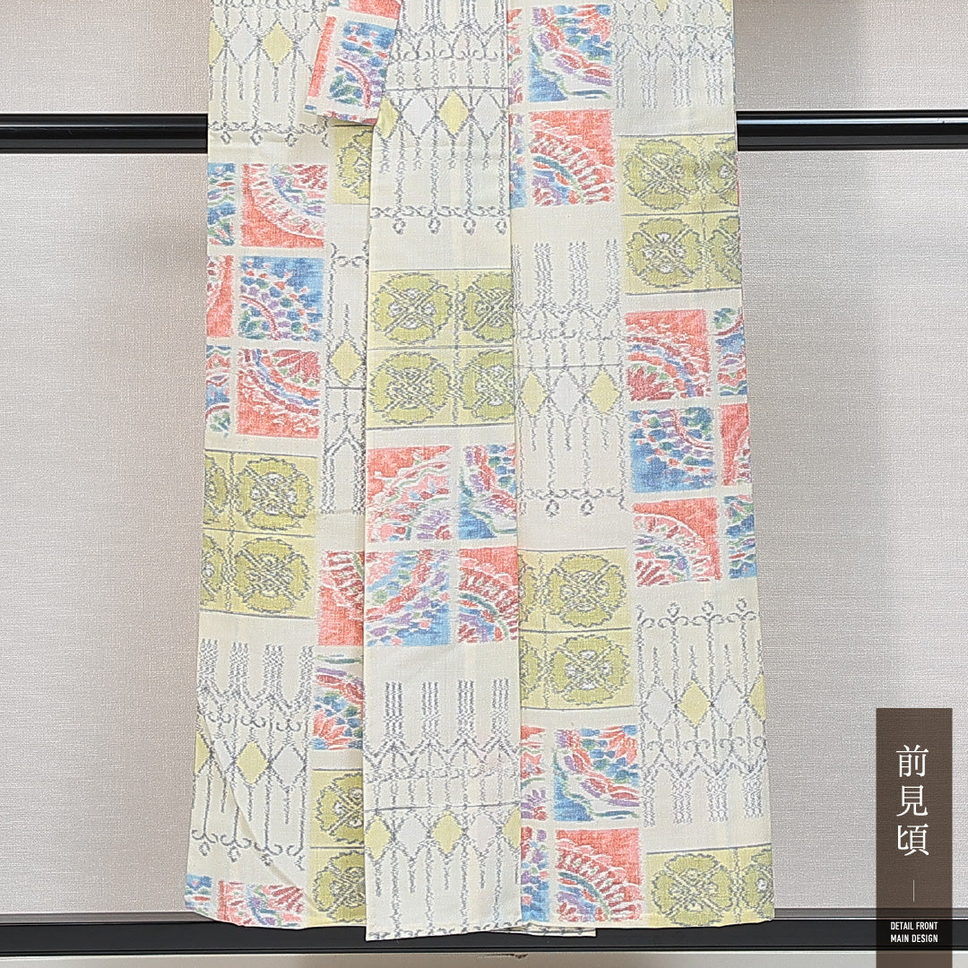 紬 単衣 身丈151cm 裄丈61cm 正絹 Sランク Sサイズ バチ衿 カジュアル 肩当て 抽象柄 クリーム系 1216-14862