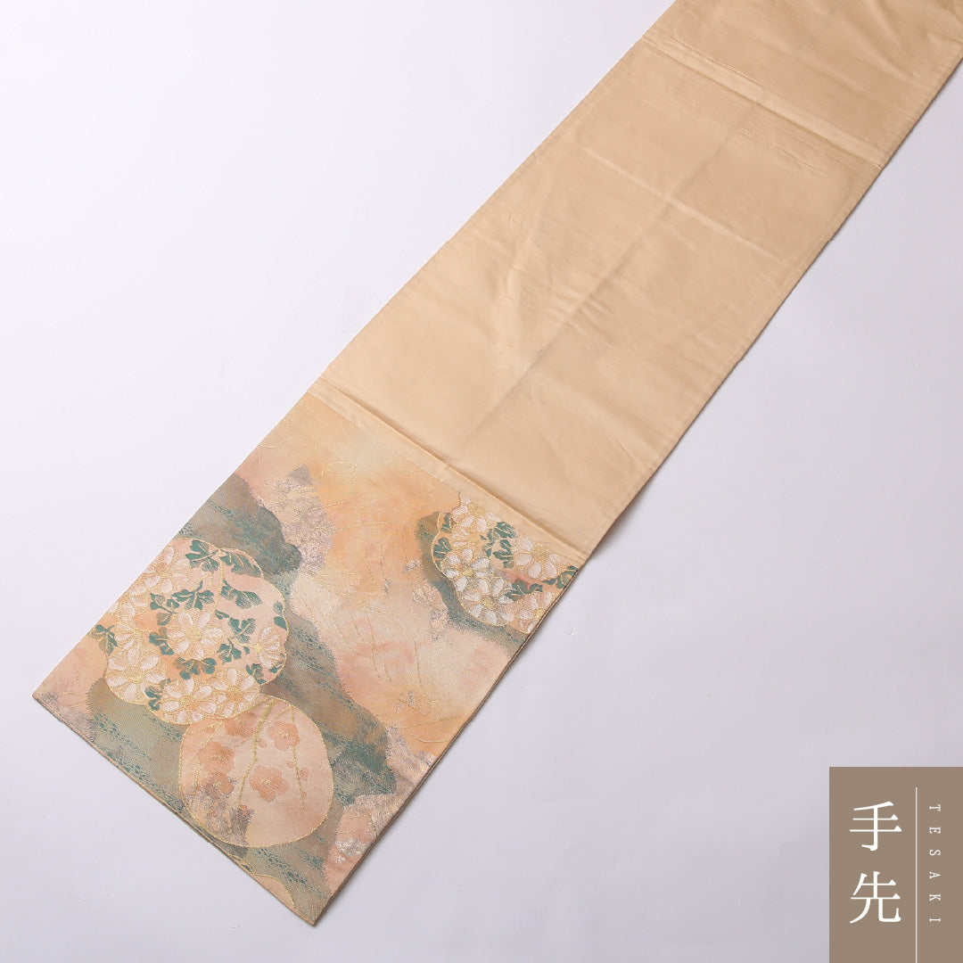 袋帯 帯丈408cm 正絹 六通 セミフォーマル 秋草文 丸文 クリーム系 朱系 1243-01557