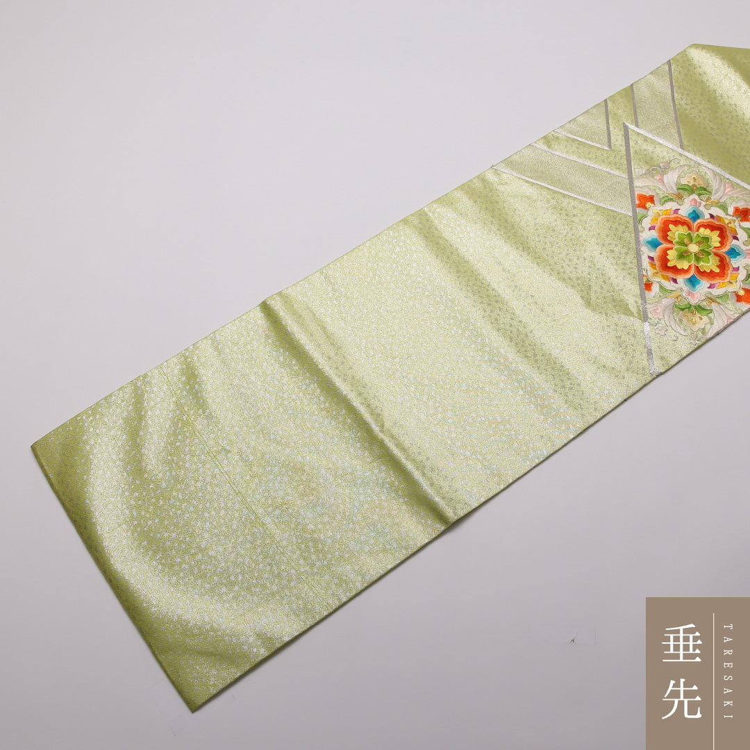 九寸名古屋帯 帯丈362cm 正絹 六通 名古屋仕立て 織り セミフォーマル 唐華 緑系 RP 1245-01823
