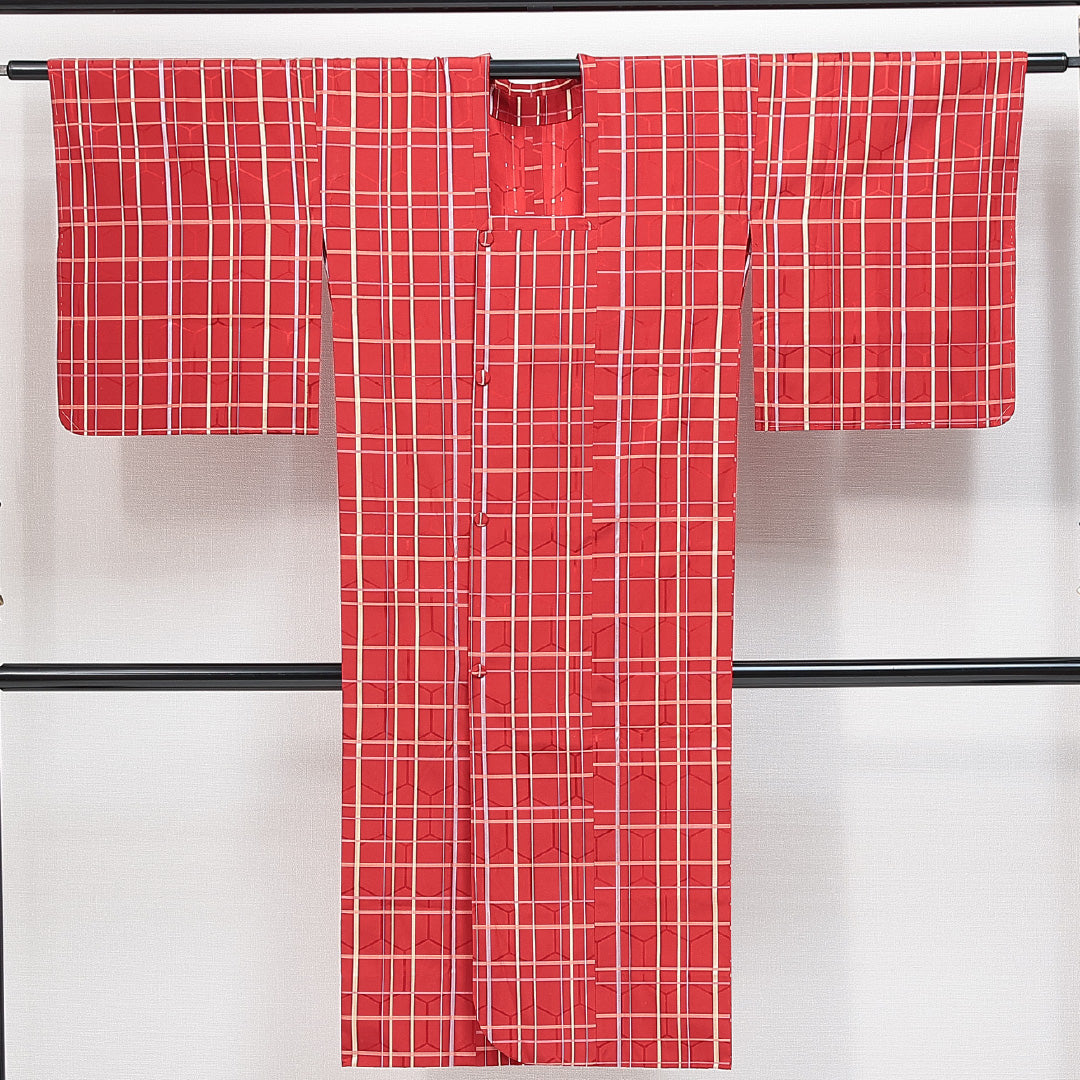 道行コート 袷 身丈128cm 裄丈62cm 正絹 Sランク セミフォーマル Sサイズ ポケットあり 格子 赤系 RP 1237-14838