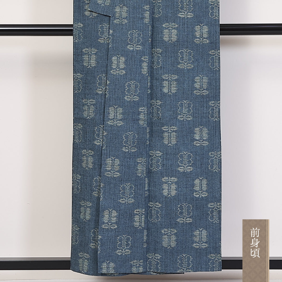 紬 単衣 身丈155cm 裄丈64cm 正絹 Sランク カジュアル バチ衿 Mサイズ 椿 青系 RP 1223-03747