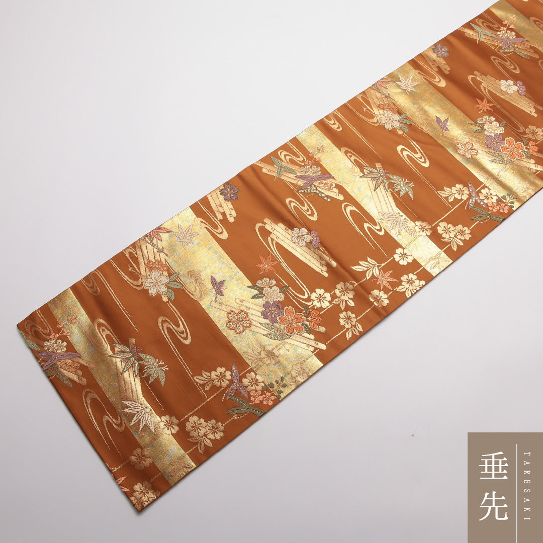 名古屋帯 帯丈359.5cm Sランク 名古屋仕立て 六通 正絹 桜 流水 笹 セミフォーマル 茶系 1224-01768
