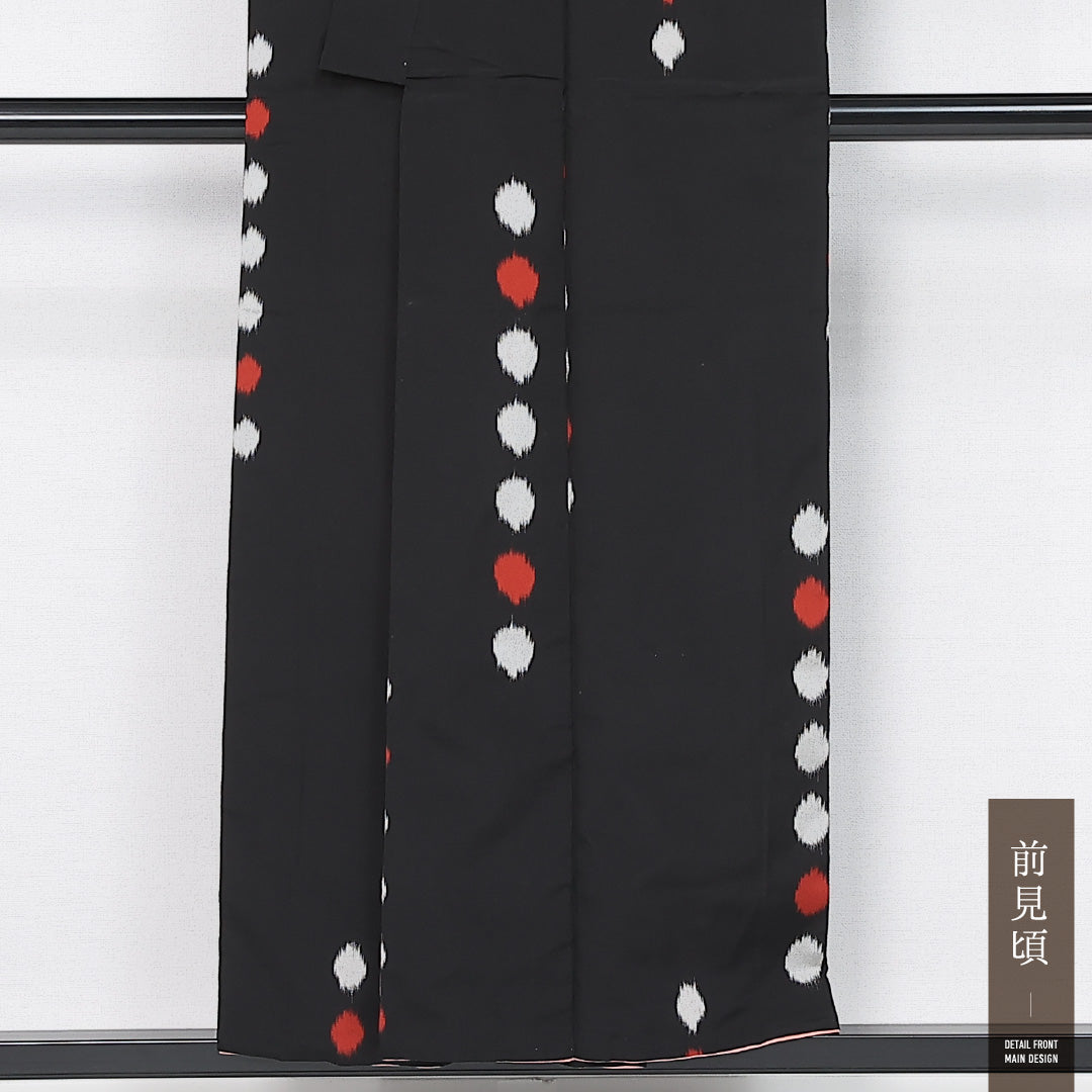 アンティーク お召 身丈152cm 裄丈63cm Aランク S 正絹 袷 バチ衿 ドット アンティーク 黒系 1215-11896