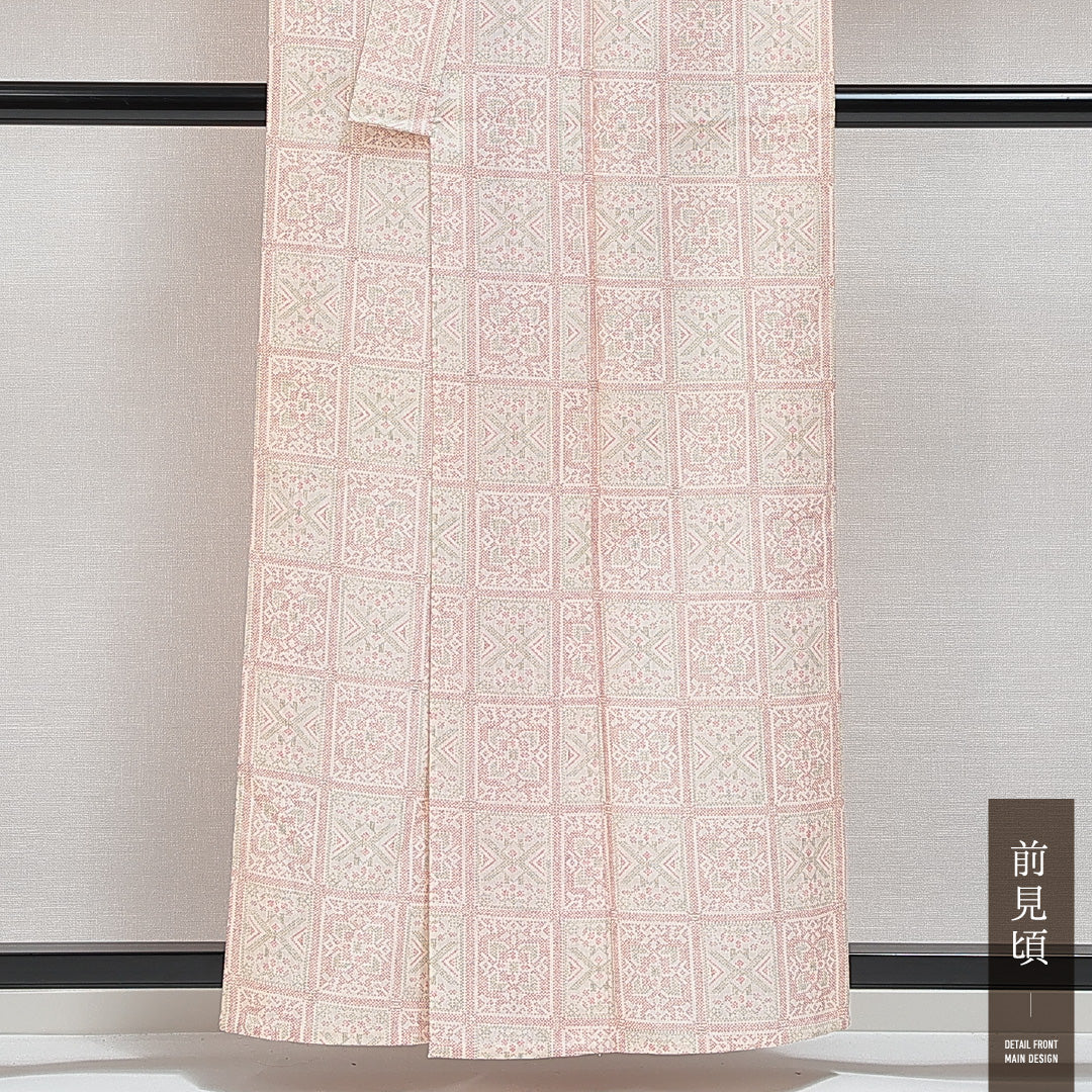 小紋 単衣 身丈156cm 裄丈63cm 正絹 Sランク インフォーマル バチ衿 Mサイズ 抽象柄 クリーム系 RP 1221-14875