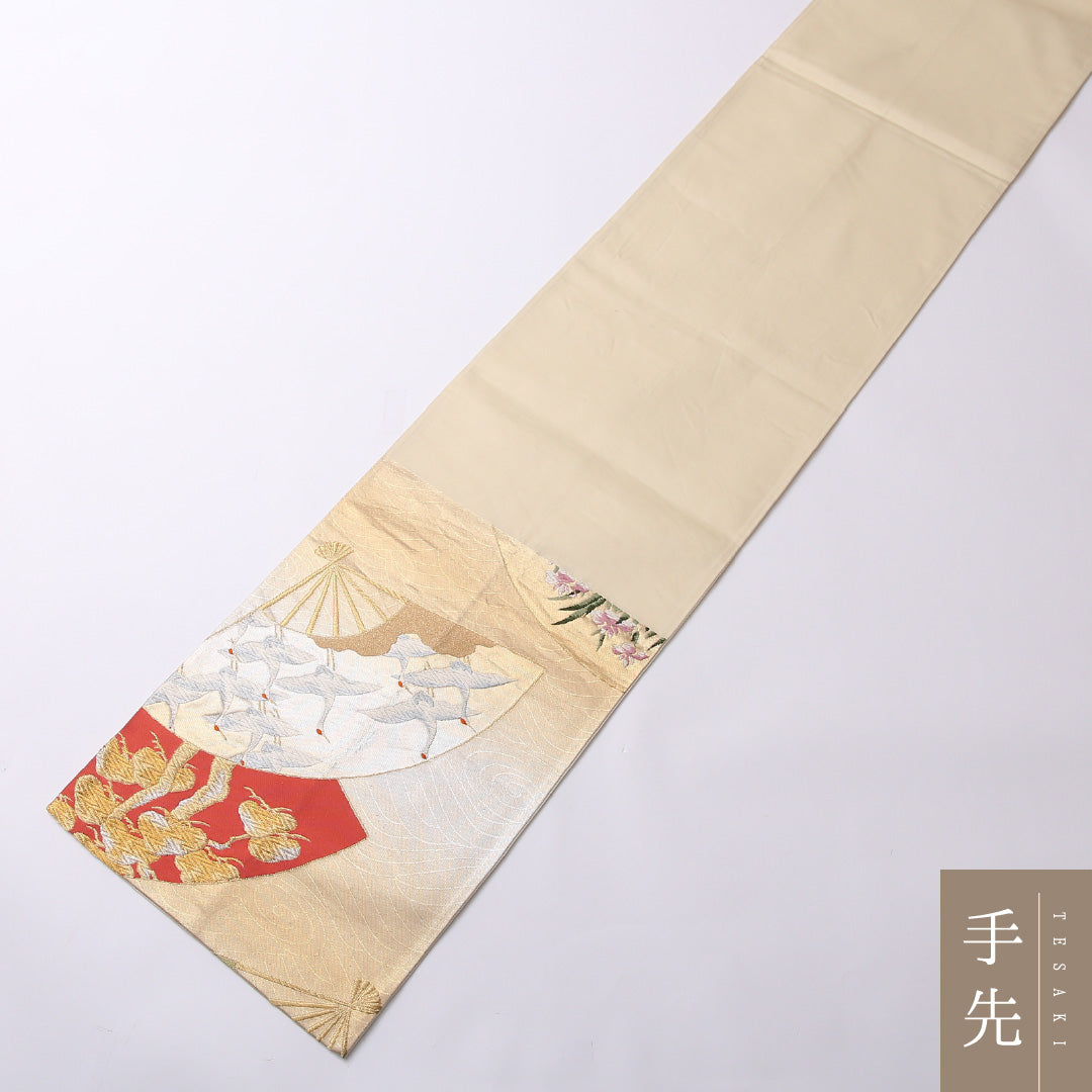 袋帯 帯丈424cm 正絹 六通 フォーマル 更紗 花扇 松鶴 八橋 金系 1243-01438