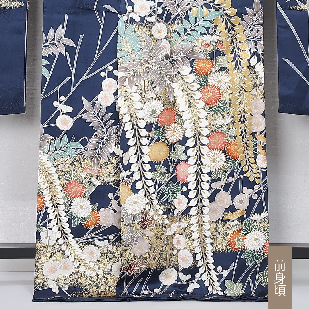 振袖 身丈169cm 裄丈68.5cm Sランク 正絹 袷 広衿 XL 金駒刺繍 菊 フォーマル 古典的 華やか 紺系 1213-F0502