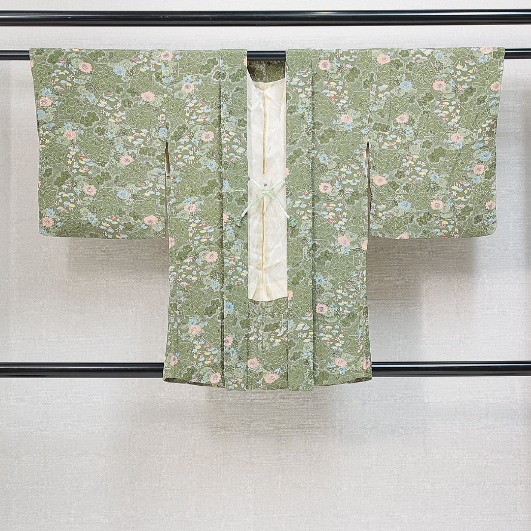 羽織 袷 身丈81cm 裄丈63cm 正絹 Sランク カジュアル Sサイズ 紐あり 松竹梅 緑系 RP 1232-14840