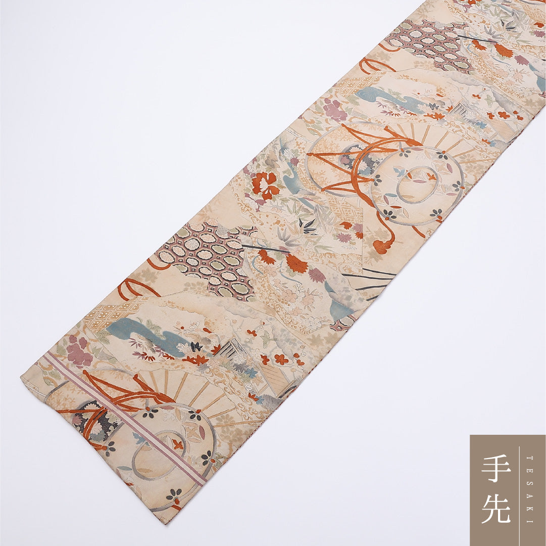 アンティーク 京袋帯 名古屋帯 帯丈370cm 全通 袋仕立て Cランク セミフォーマル リバーシブル 正絹 クリーム系 1224-01364