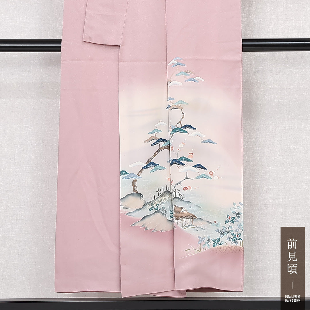 訪問着 袷 身丈149cm 裄丈64cm 正絹 Bランク セミフォーマル 広衿 XSサイズ 加賀友禅 茶屋辻 ピンク系 RP 1217-13127