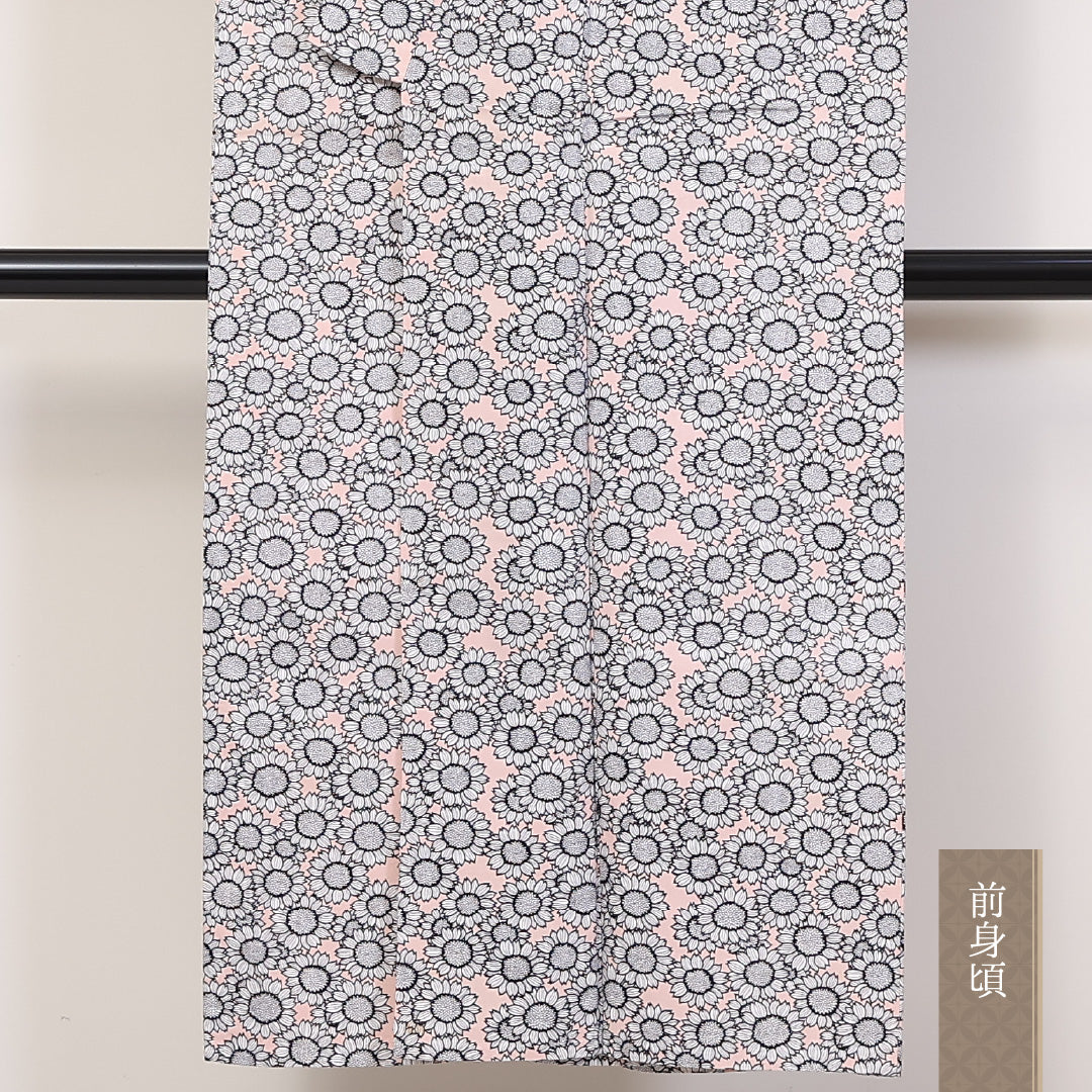 小紋 単衣 身丈138cm 裄63cm 洗える着物 木綿 向日葵 ピンク系 Sランク 1215-02296