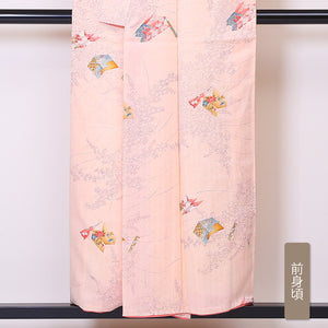 小紋 袷 身丈152cm 裄61.5cm ピンク系 紋意匠 麻の葉と蝶 正絹 Aランク 1215-01893-3213