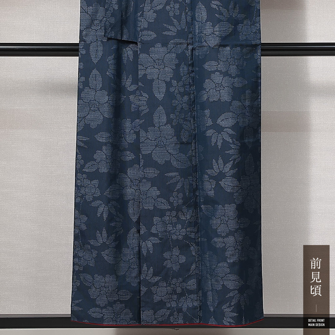 紬 袷 身丈151cm 裄丈62cm 正絹 Aランク カジュアル 広衿 Sサイズ 椿 紺系 RP 1223-14936