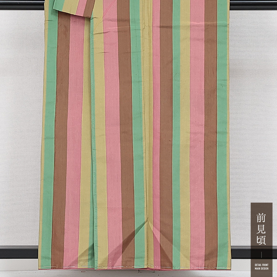 未使用品 紬 袷 身丈155cm 裄丈68cm 正絹 Sランク カジュアル 広衿 Mサイズ しつけ糸 創作柄 多色系 M4 1223-14261