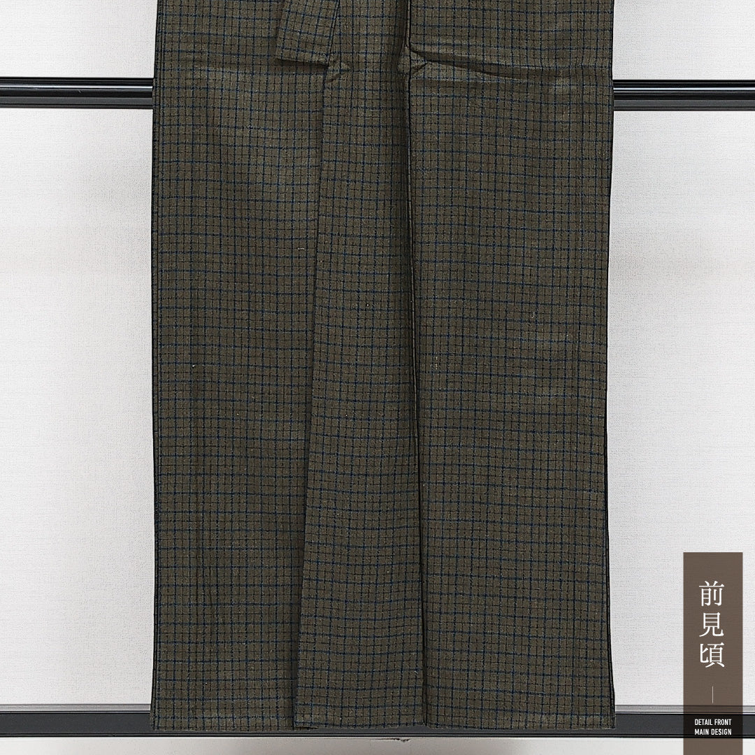 洗える着物 ウールの紬 単衣 身丈151cm 裄丈63cm ウール Aランク カジュアル 広衿 Sサイズ 居敷当て 肩当て 格子 緑系 HP 1223-14568