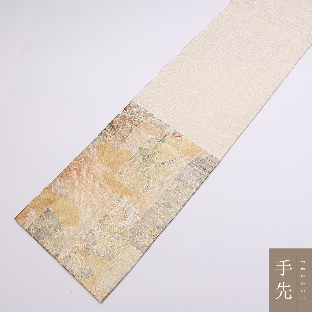 袋帯 帯丈424cm 六通 佐賀錦 桐 笠松 鶴 吉祥文様 セミフォーマル 金系 正絹 Aランク 1223-00888
