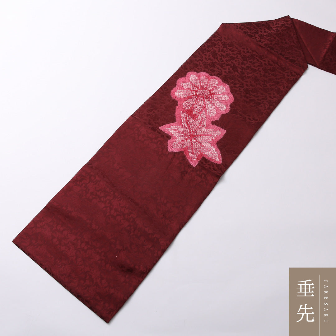 九寸名古屋帯 Sランク 帯丈341cm 正絹 ポイント柄 名古屋仕立て 染め カジュアル 絞り 菊 楓 くすんだ赤系 LP 1245-02551