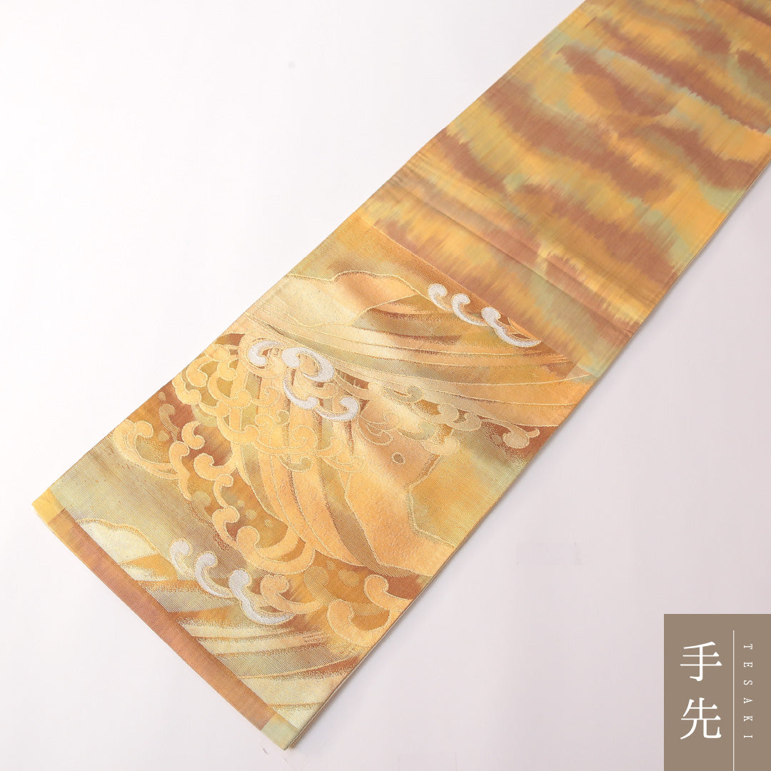 袋帯 帯丈408cm 正絹 六通 フォーマル 荒磯 古典柄 金系 1243-01765