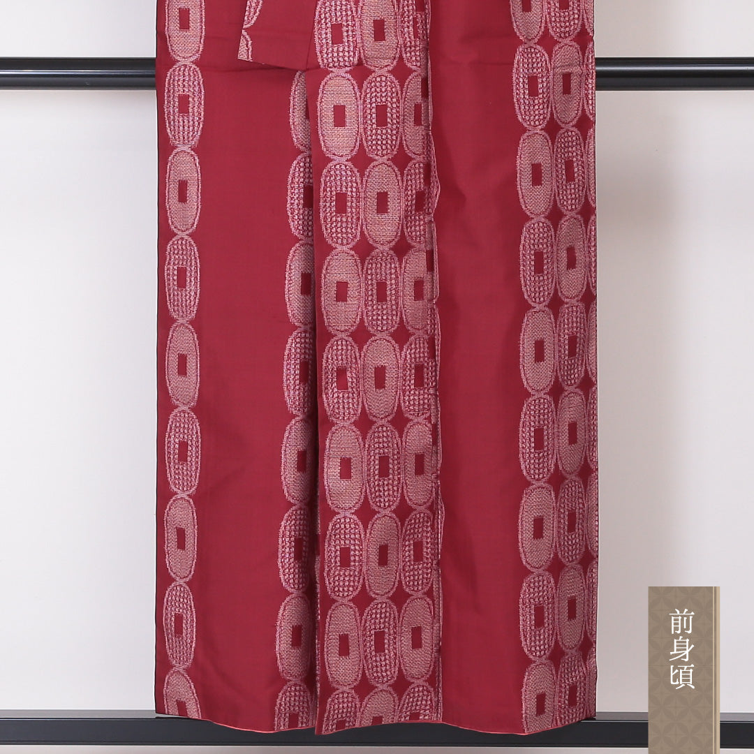 アンティーク 紬 袷 身丈151cm 裄丈63cm 正絹 Bランク Sサイズ バチ衿 小判 赤系 1216-03373